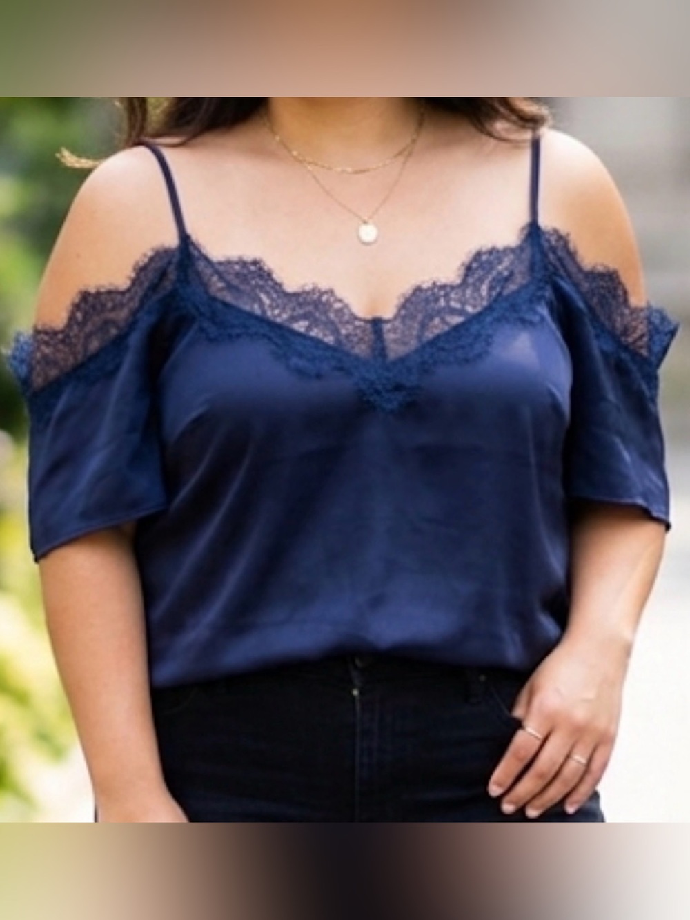 Chicaoul Lace-Trim Cold-Shoulder Cami Top - Navy Size 1X